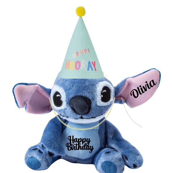 Personalized Authentic Disney Stitch: "Happy Birthday" With Birthday Hat - Picture 1 of 4
